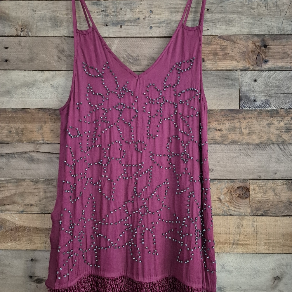 FREE PEOPLE Midnight Party Flapper Fringe Tunic Top Dress S Burgundy Boho Indie - Picture 6 of 16